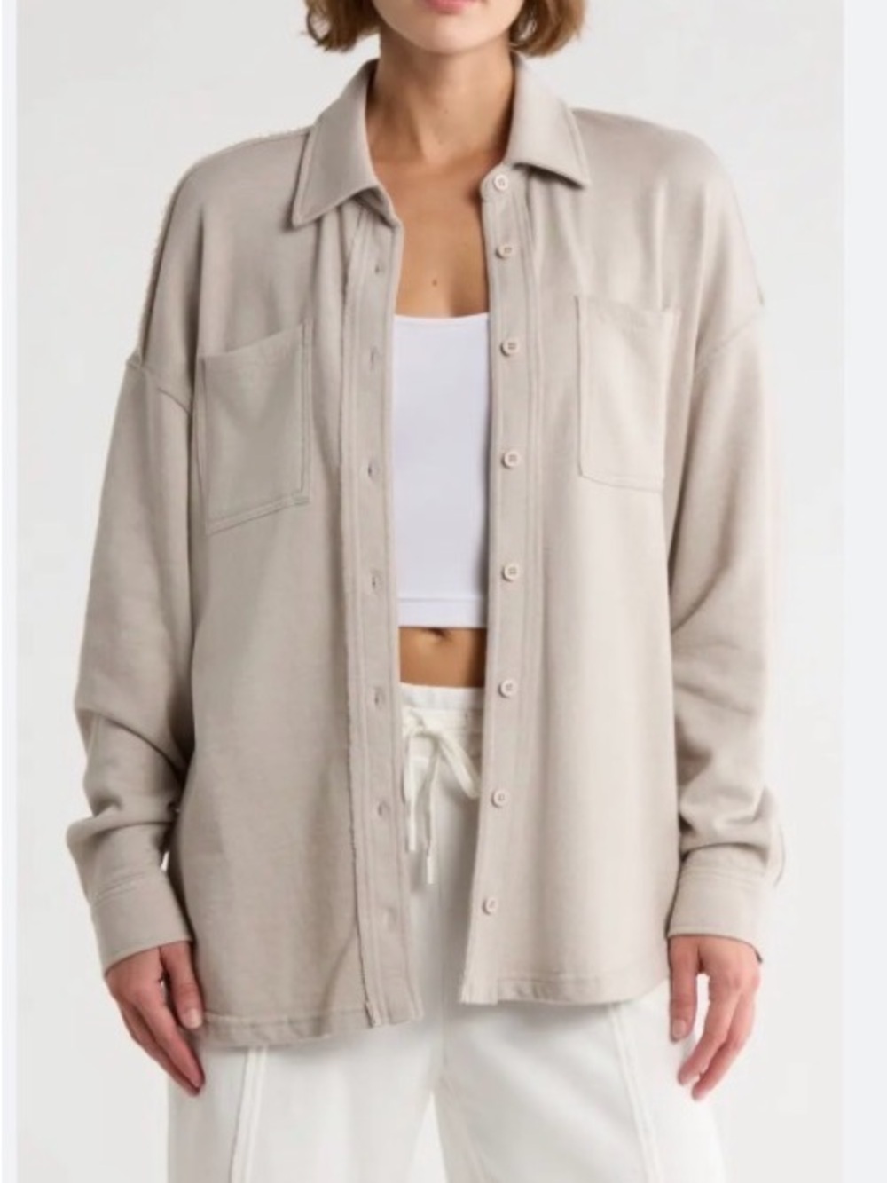 Yogalicious Light Beige Button-Down Top minimalist